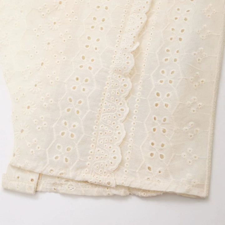 Ladies Broderie Anglaise Cotton Blouse with Ruffle Trim and Balloon Sleeves Mune Fashion