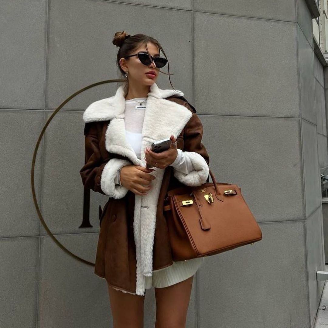 Women Oversized Flight Jacket made of Lambskin Imitation with Double-Breasted Button Placket Mune Fashion