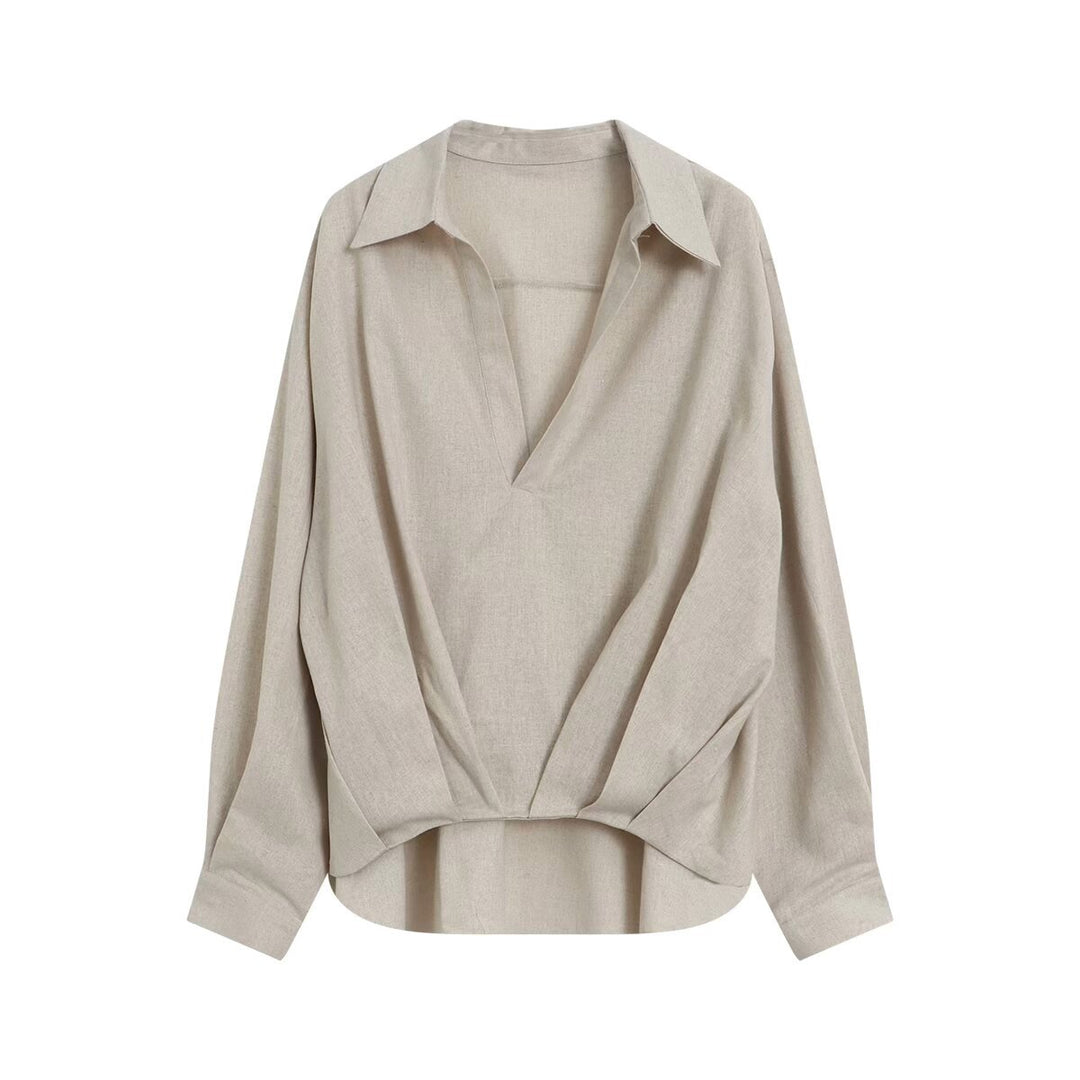 Women's Oversize Linen Look Blouse with Deep V-Neck, Shirt Collar and Gathered Front Mune Fashion