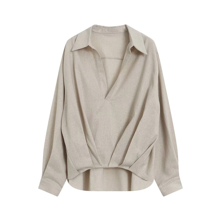Women's Oversize Linen Look Blouse with Deep V-Neck, Shirt Collar and Gathered Front Mune Fashion