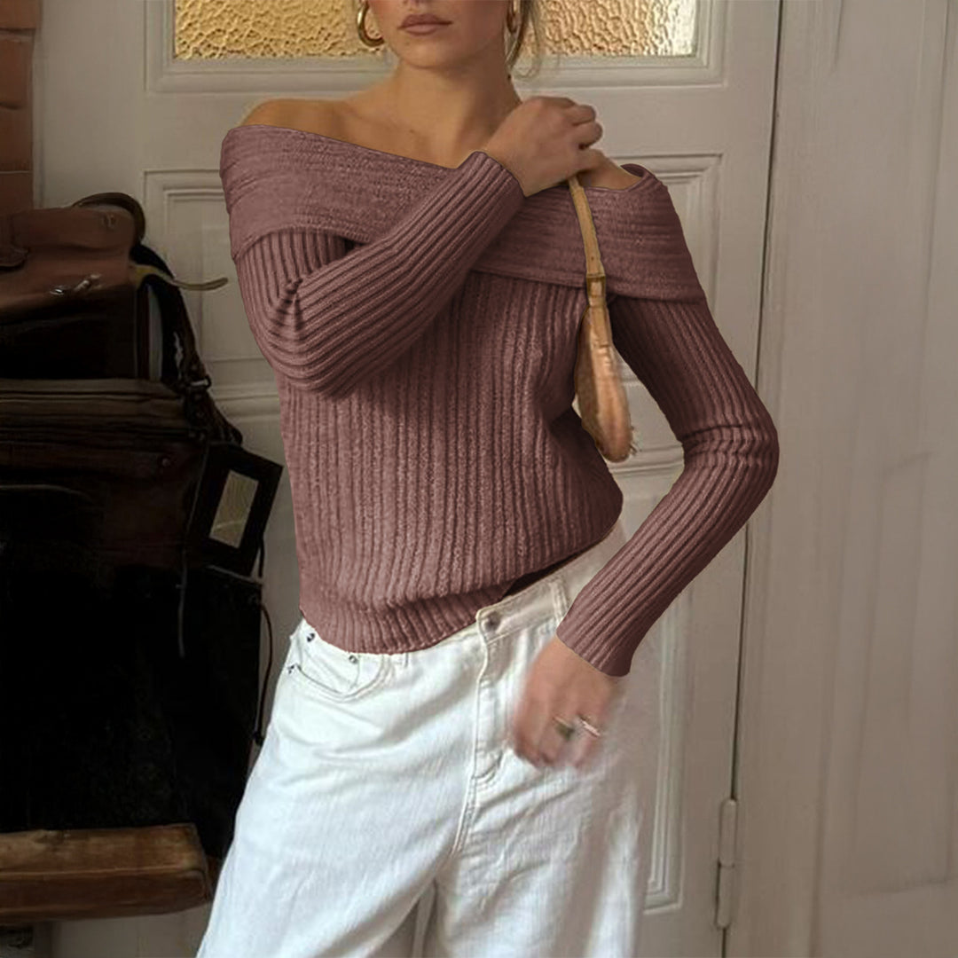 Ladies off-shoulder ribbed sweater with narrow silhouette and rolled neckline Mune Fashion