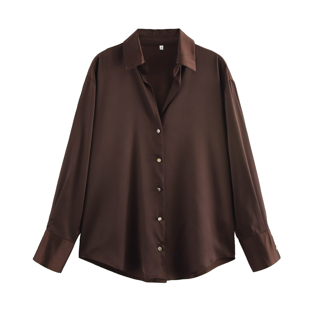 Women's oversized satin blouse with shirt collar, extended cuffs and rounded hem Mune Fashion
