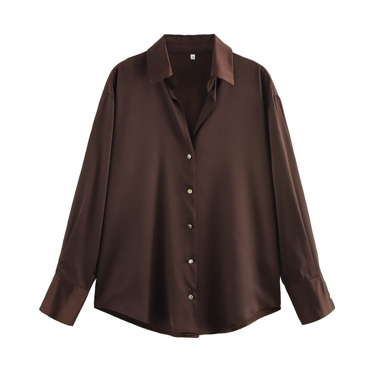 Women's oversized satin blouse with shirt collar, extended cuffs and rounded hem Mune Fashion