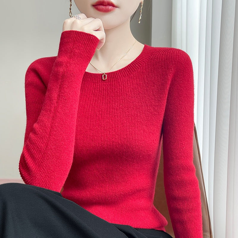 Women's Tailored Round Neck Sweater in Fine Ribbed Cashmere Look Mune Fashion