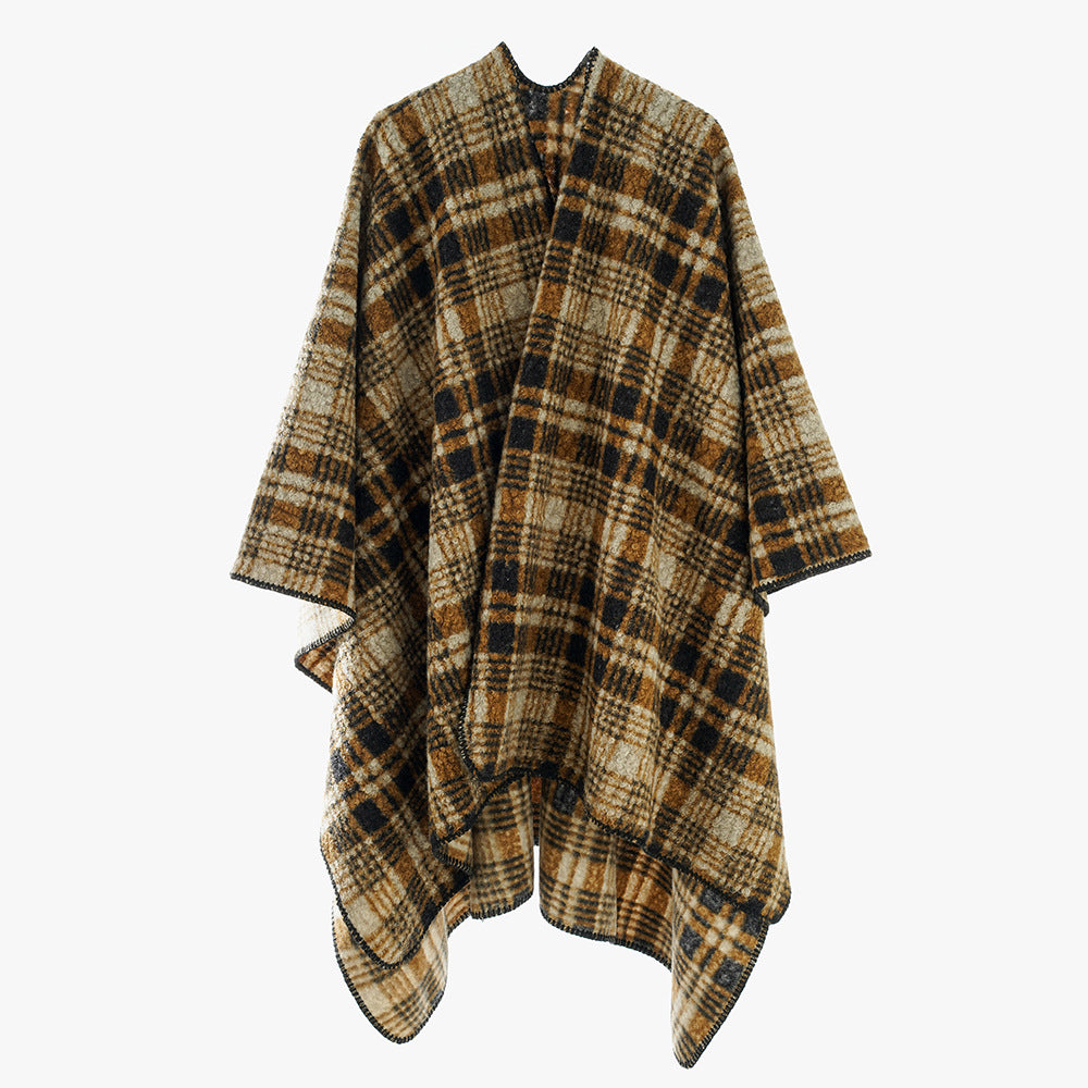 Women Oversize Wool Blend Cape Poncho in Rectangular Cut with Check Pattern and Decorative Overlock Edge Mune Fashion