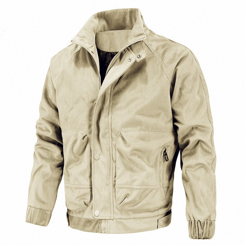 Men's washed canvas bomber jacket with stand-up collar, concealed zipper and side pockets Mune Fashion