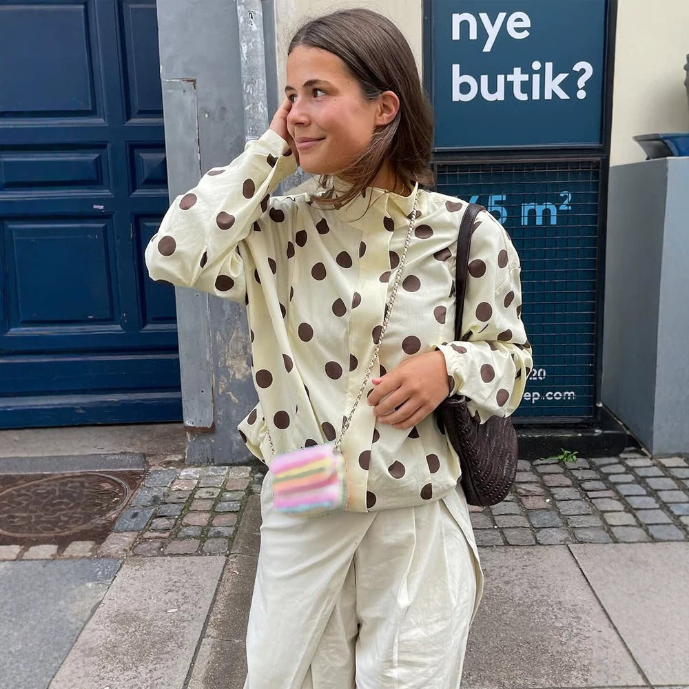 Women's Boxy Shirt Jacket with Stand Collar, Balloon Sleeves and Large Polka Dot Print Mune Fashion