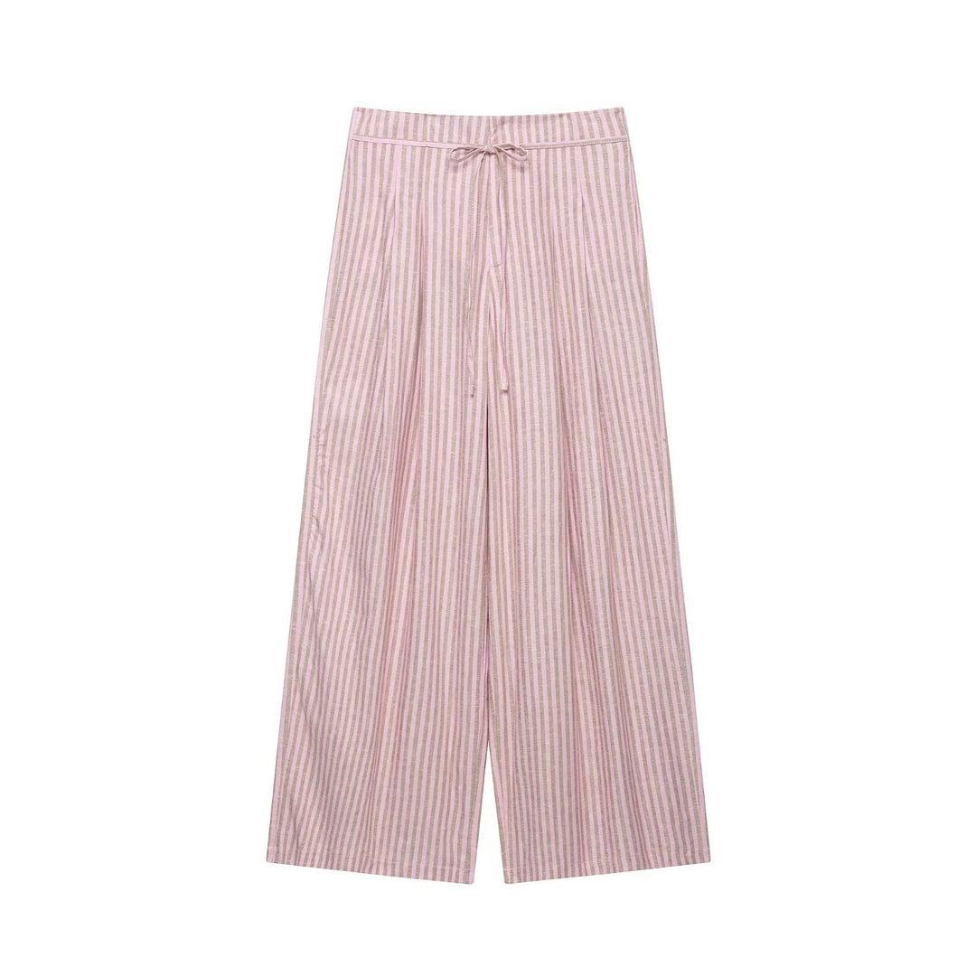 Women’s wide linen pants with striped pattern and drawstring Mune Fashion