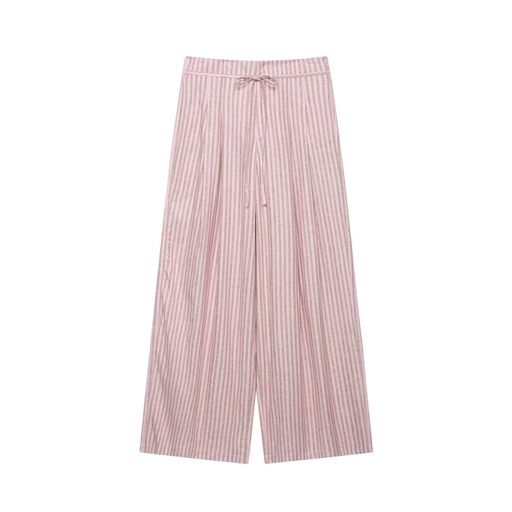 Women’s wide linen pants with striped pattern and drawstring Mune Fashion