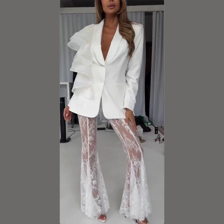 Women's tailored blazer with asymmetrical organza ruffle Mune Fashion