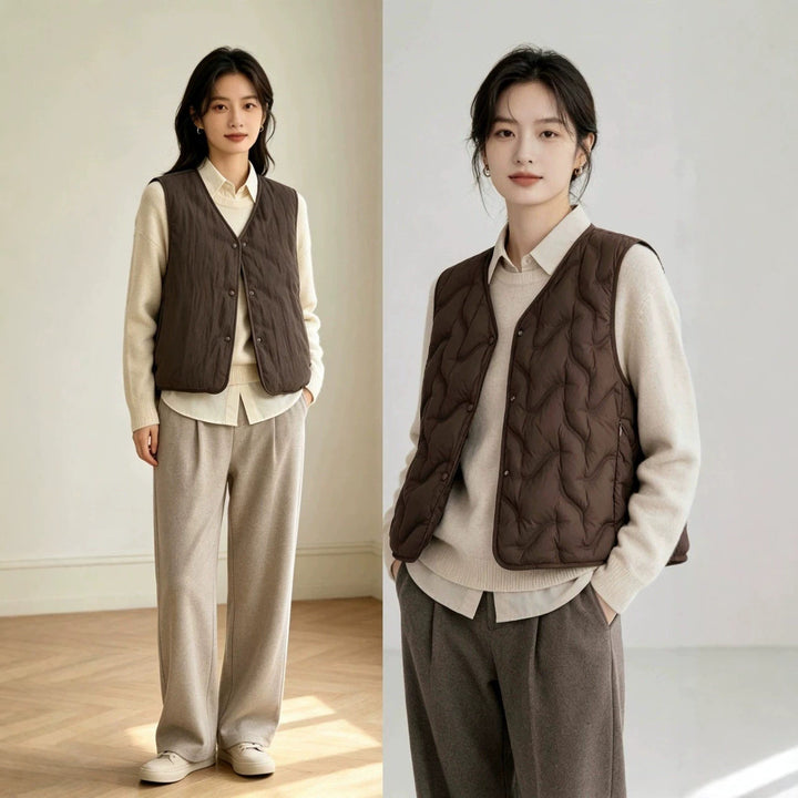 Women’s lightly padded quilted vest with V-neck and press studs Mune Fashion