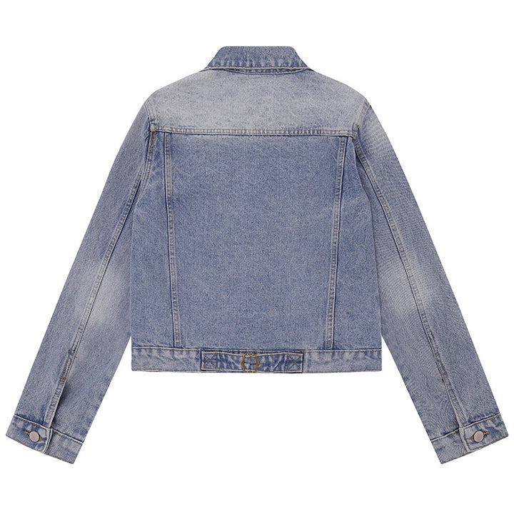 Women's short vintage denim jacket with chest pockets, zipper detail and button placket Mune Fashion