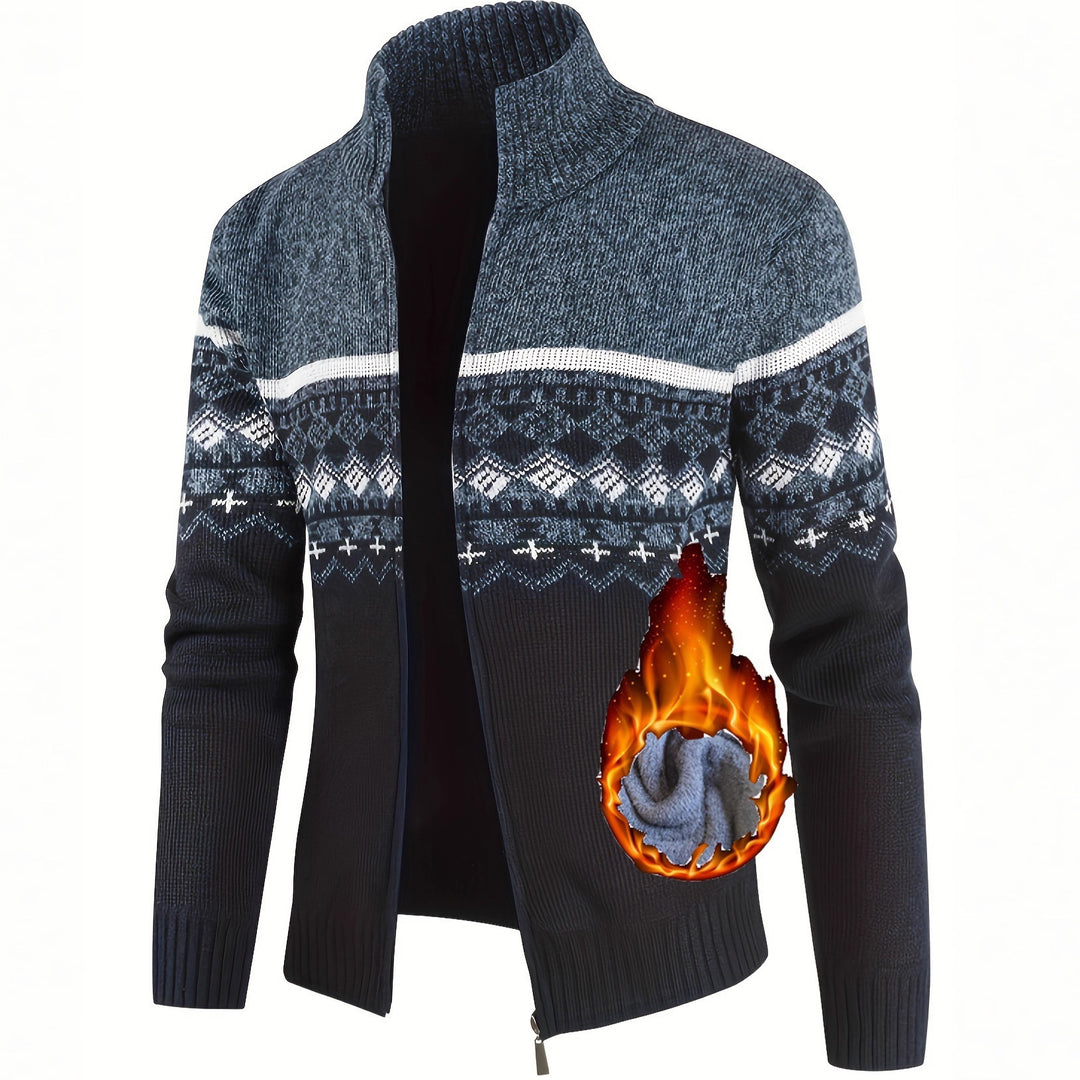 Men's Thermo Cardigan with Stand-up Collar and Zipper Norwegian Knit Fleece-lined Mune Fashion