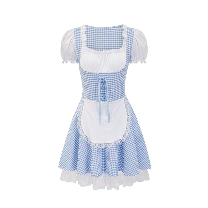 Women's Trachten dress in Vichy style with puff sleeves, lace-up corset, and lace apron Mune Fashion