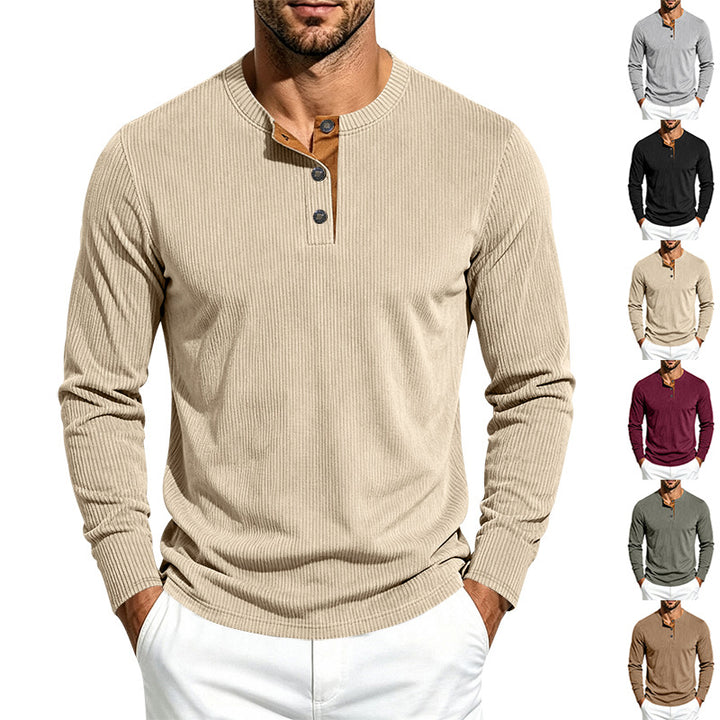 Men's Ribbed Long Sleeve Henley with Stand-Up Collar, Contrast Button Placket and Ribbed Cuffs Mune Fashion