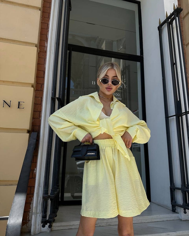 Women's two-piece textured loungewear set with oversized shirt and elastic waist shorts Mune Fashion