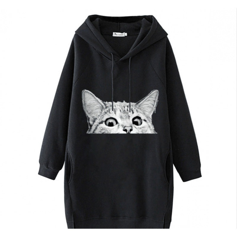 Ladies Oversize Hooded Dress made of Sweat Fabric with Large Cat Print and Side Pockets Mune Fashion