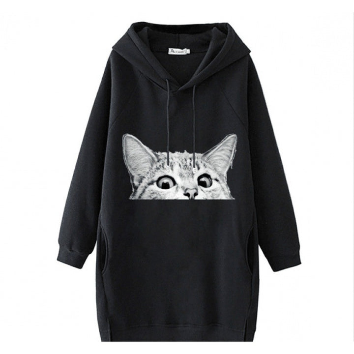 Ladies Oversize Hooded Dress made of Sweat Fabric with Large Cat Print and Side Pockets Mune Fashion