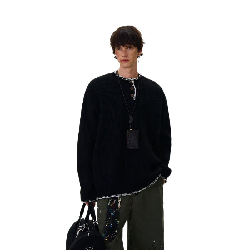 Men's chunky knit Henley pullover with boucle look and contrast cuffs Mune Fashion