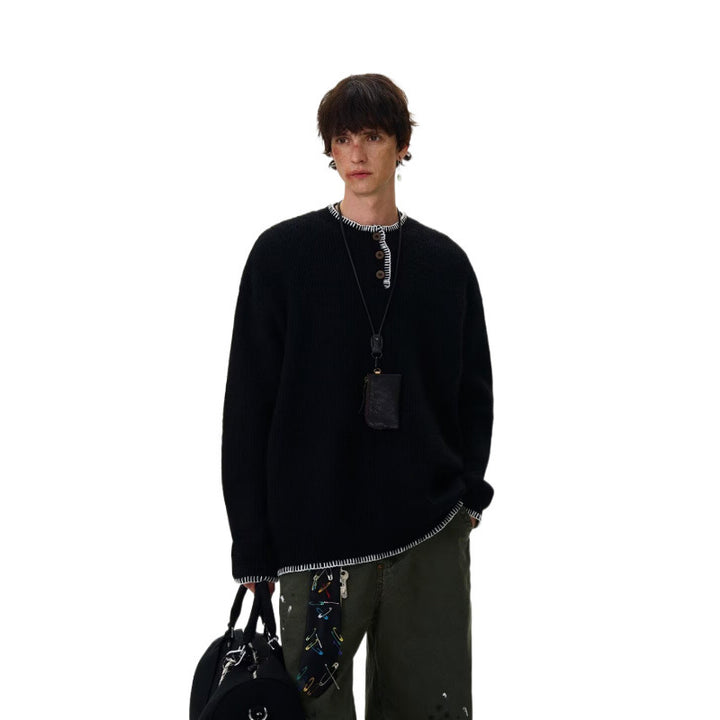 Men's chunky knit Henley pullover with boucle look and contrast cuffs Mune Fashion