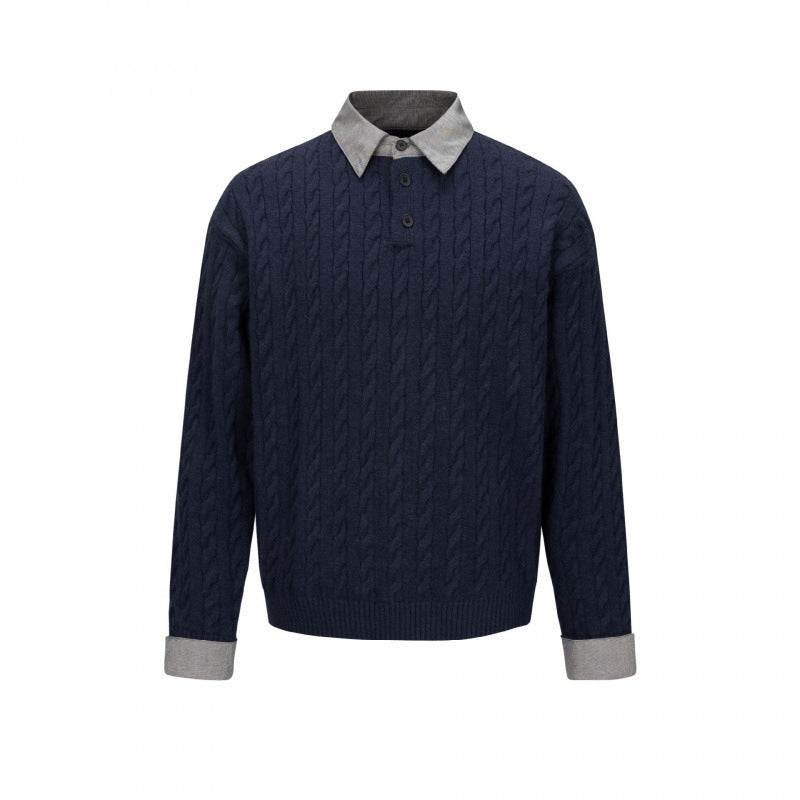 Men's Structured Cable Knit Henley Sweater with Contrast Shirt Collar and Cuff Turn-ups Mune Fashion