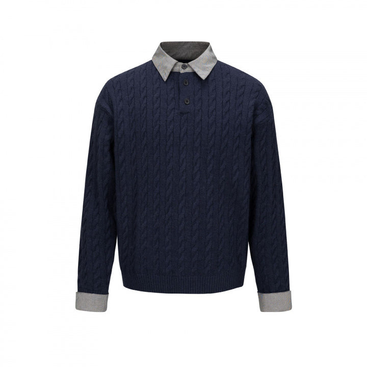 Men's Structured Cable Knit Henley Sweater with Contrast Shirt Collar and Cuff Turn-ups Mune Fashion