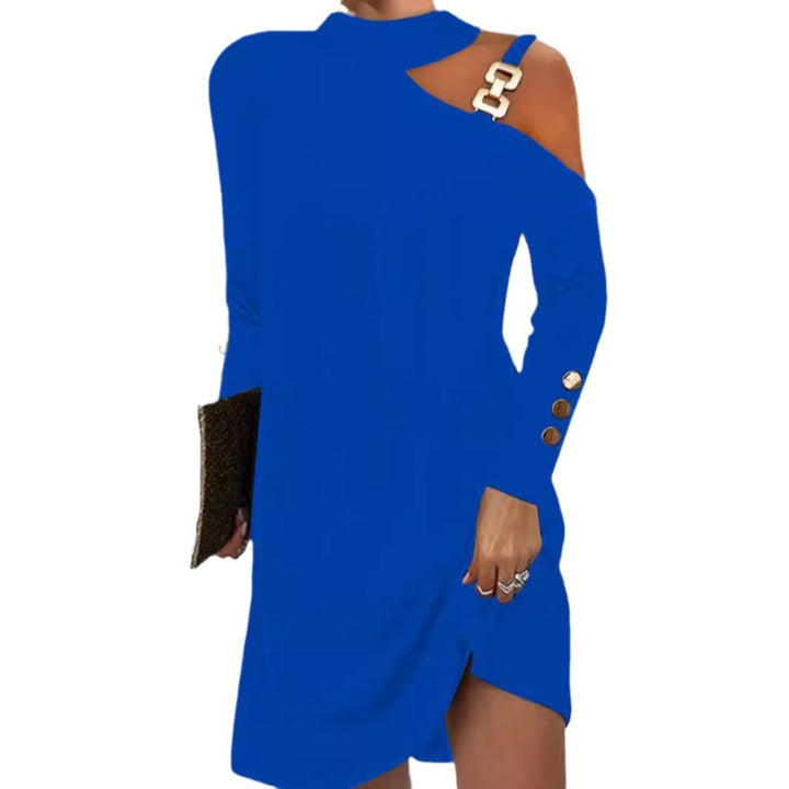 Women nan asymmetrical mini dress with stand collar, cut-out shoulder and decorative chain straps Mune Fashion