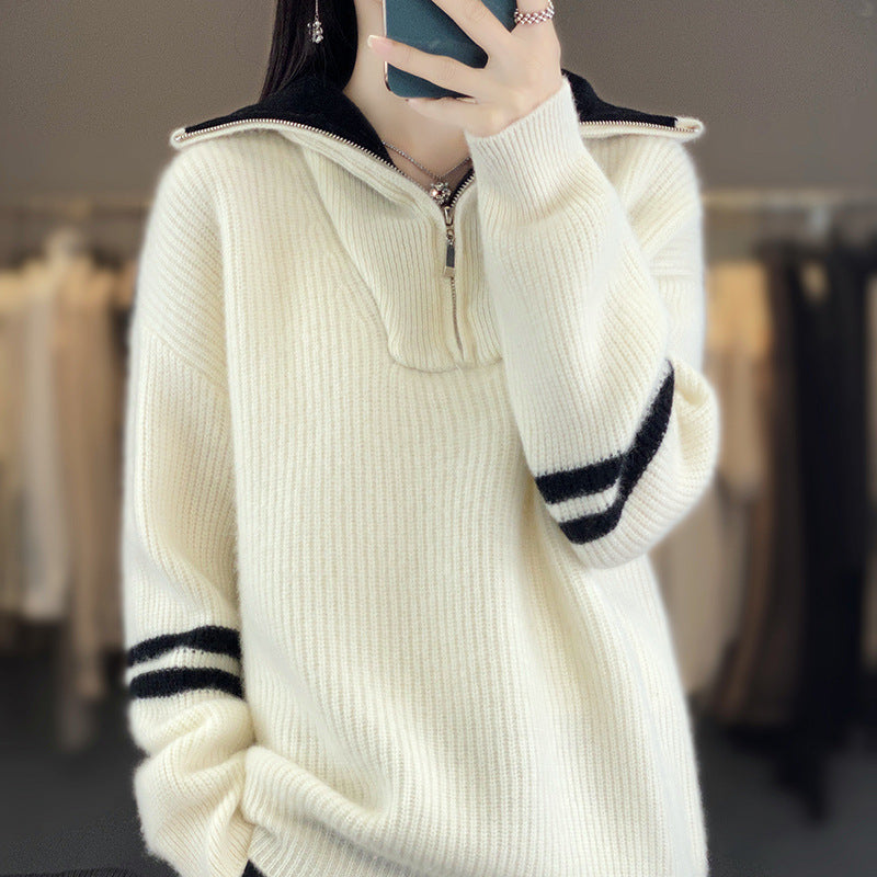 Women's ribbed knit pullover with half zipper, high stand-up collar, and relaxed fit Mune Fashion