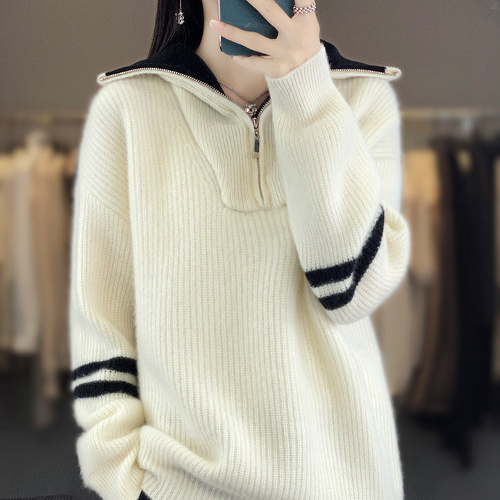 Women's ribbed knit pullover with half zipper, high stand-up collar, and relaxed fit Mune Fashion