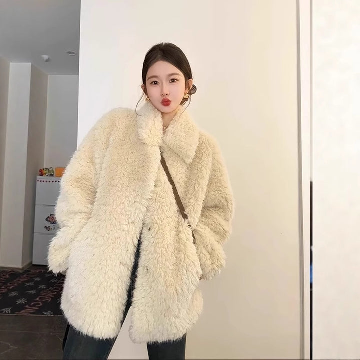 Women Oversize Teddy Fur Coat with Shawl Collar and Concealed Button Placket Mune Fashion
