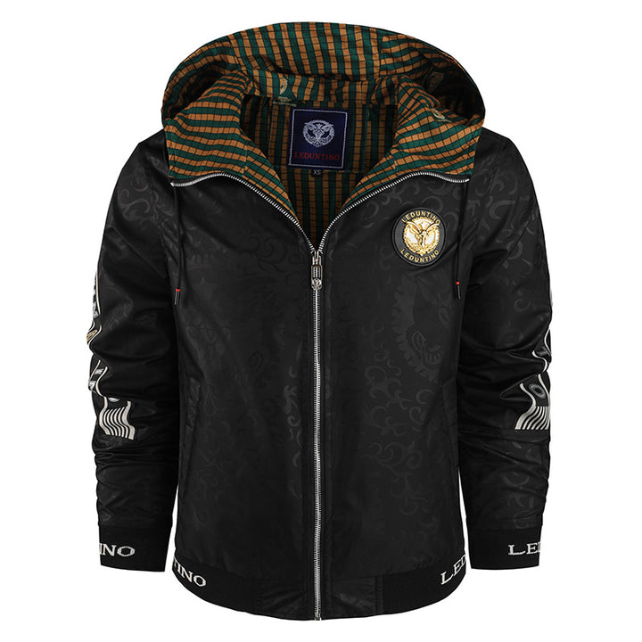 Men's lightweight hooded jacket with striped lining, logo sleeve print, and elastic hem.