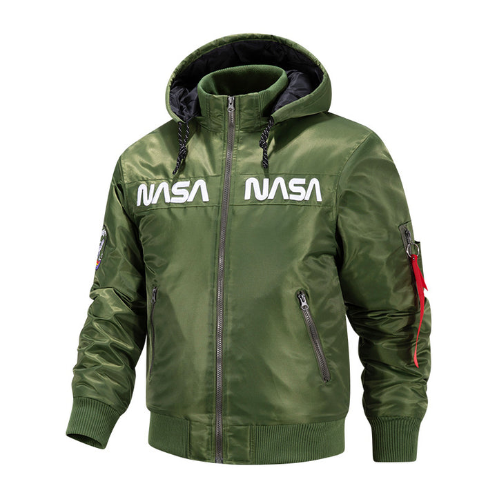 Men's  quilted-lined hooded pilot bomber with high-neck rib collar and zip sleeve utility pocket Mune Fashion