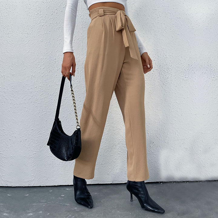 Women High-waisted Pants with Tie Belt Mune Fashion
