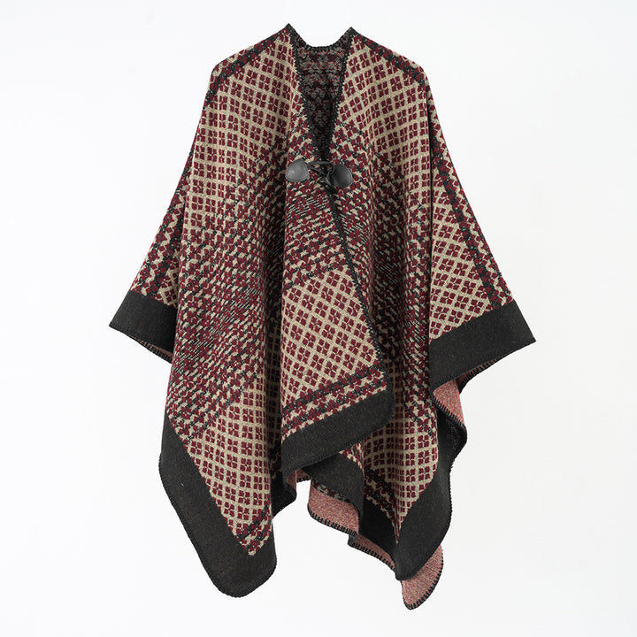 Women's Wool Blend Poncho with Jacquard Pattern and Toggle Closure Mune Fashion
