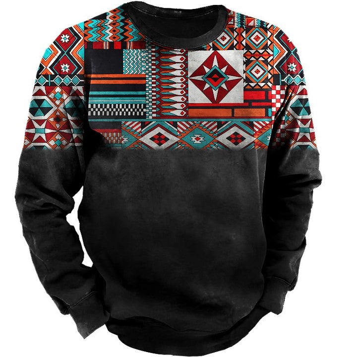 Men's sweatshirt with ethnic block print, vintage fade effect, and round neckline Mune Fashion