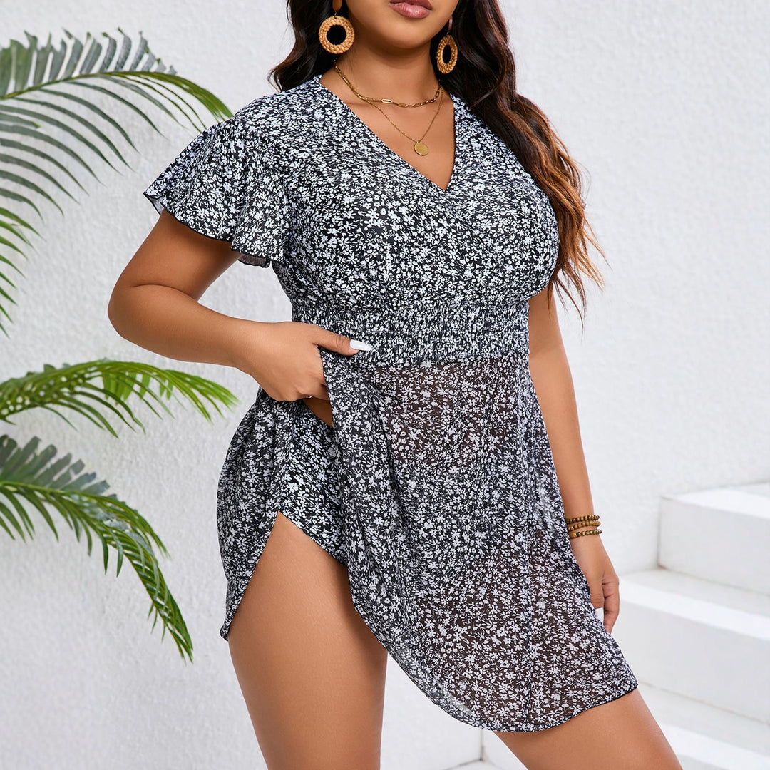 Ladies beach dress with floral design and gathering Mune Fashion