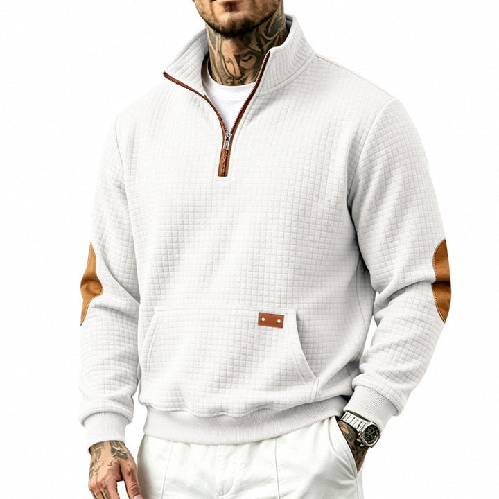 Men's stand-up collar half-zip sweatshirt with checkered relief texture and faux leather elbow patches Mune Fashion