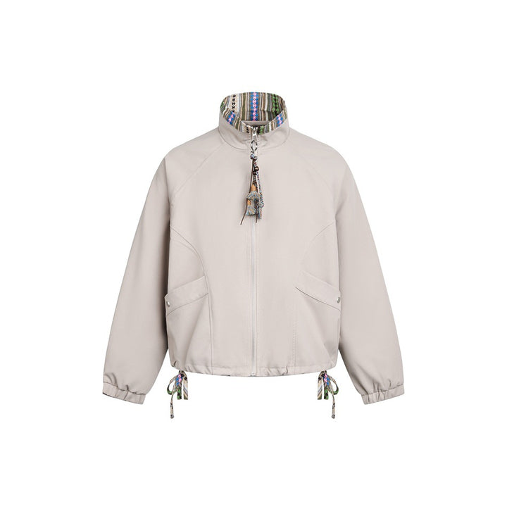 Women's short jacket in boxy cut with patterned stand-up collar and drawstring hood