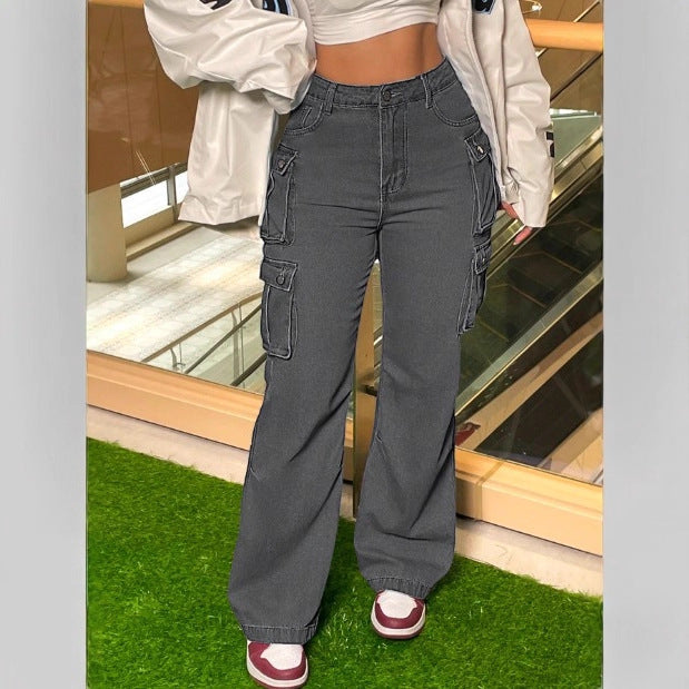 Women's Cargo Denim Pants with Wide Leg, High Waist & Multifunctional Flap Pockets Mune Fashion