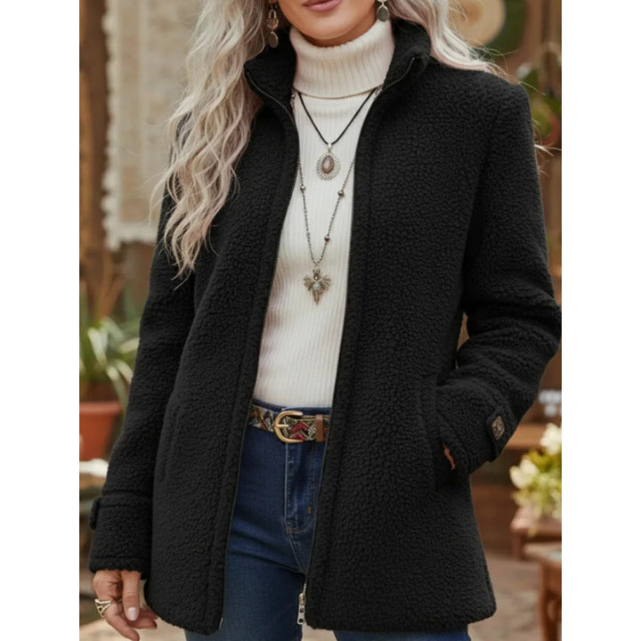 Women Cozy Teddy Cardigan Coat with Stand-Up Collar, Hidden Zipper and Decorative Button Cuffs Mune Fashion