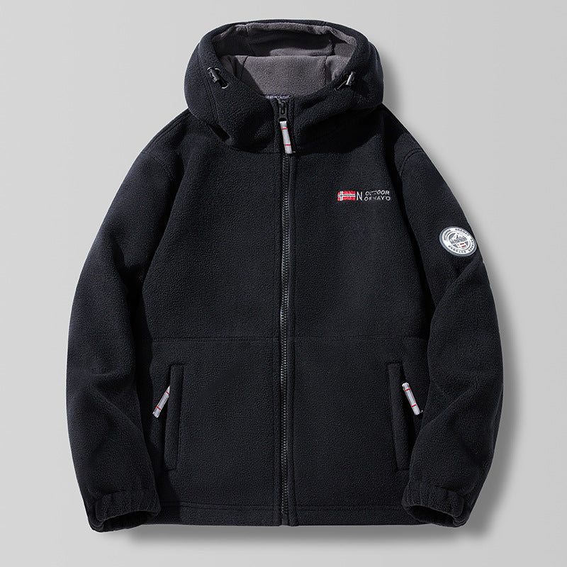 Unisex Hooded Fleece Jacket with high collar, full zip and side pockets.