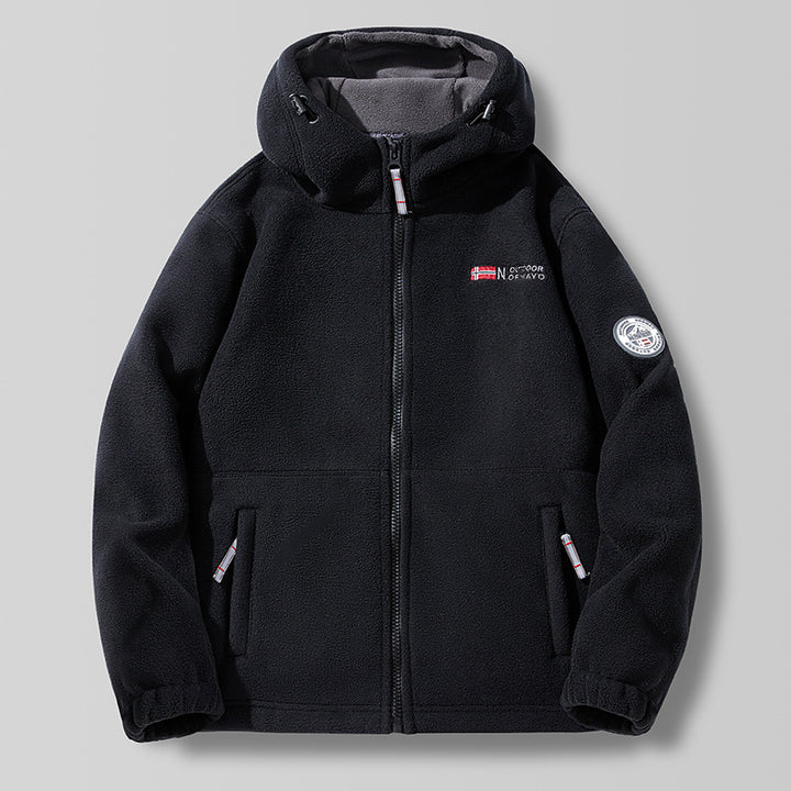 Unisex Hooded Fleece Jacket with high collar, full zip and side pockets.