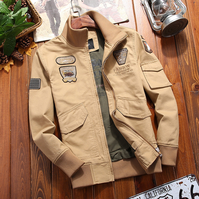 Men's Canvas Pilot Jacket with Embroidered Patches, Multiple Pockets, and Ribbed Cuffs Mune Fashion