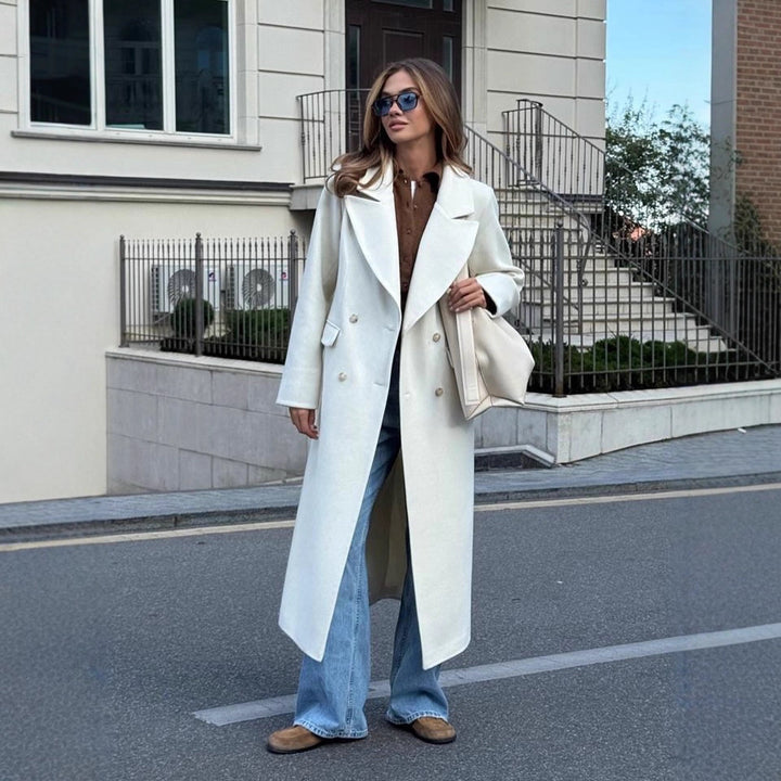 Women's Mid-length Double-breasted Wool Blend Coat with Distinctive Lapels and Tailored Fit Mune Fashion