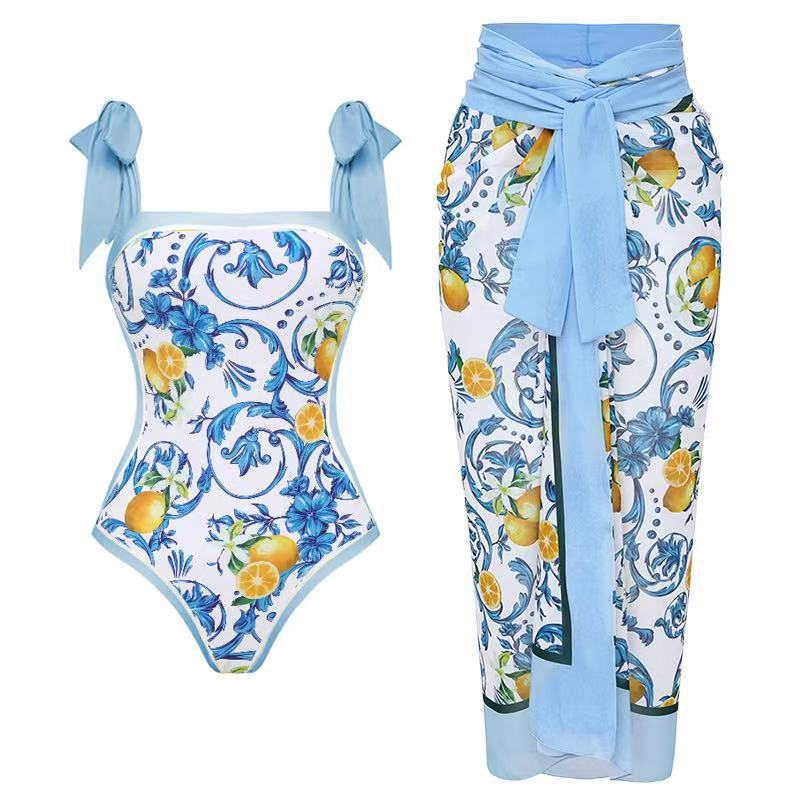 Women's swimsuit with floral design and transparent wrap skirt Mune Fashion