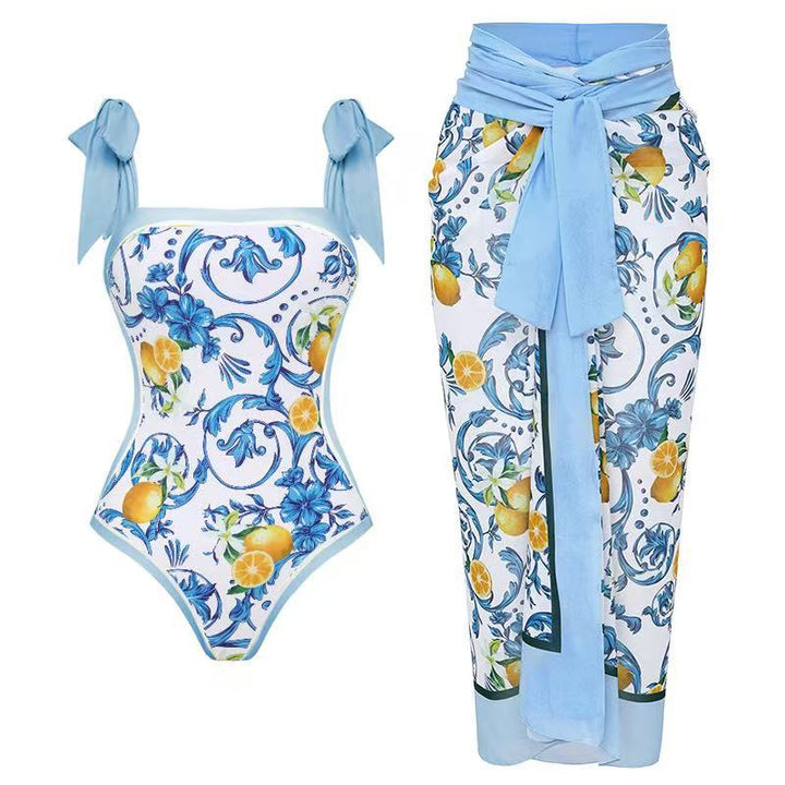 Women's swimsuit with floral design and transparent wrap skirt Mune Fashion