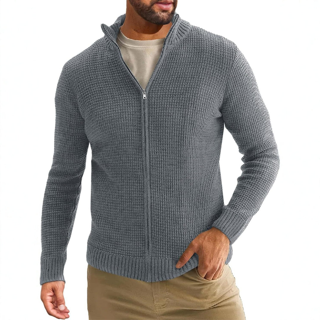 Men's Zip-Up Cardigan with Waffle Texture and Stand-Up Collar Mune Fashion