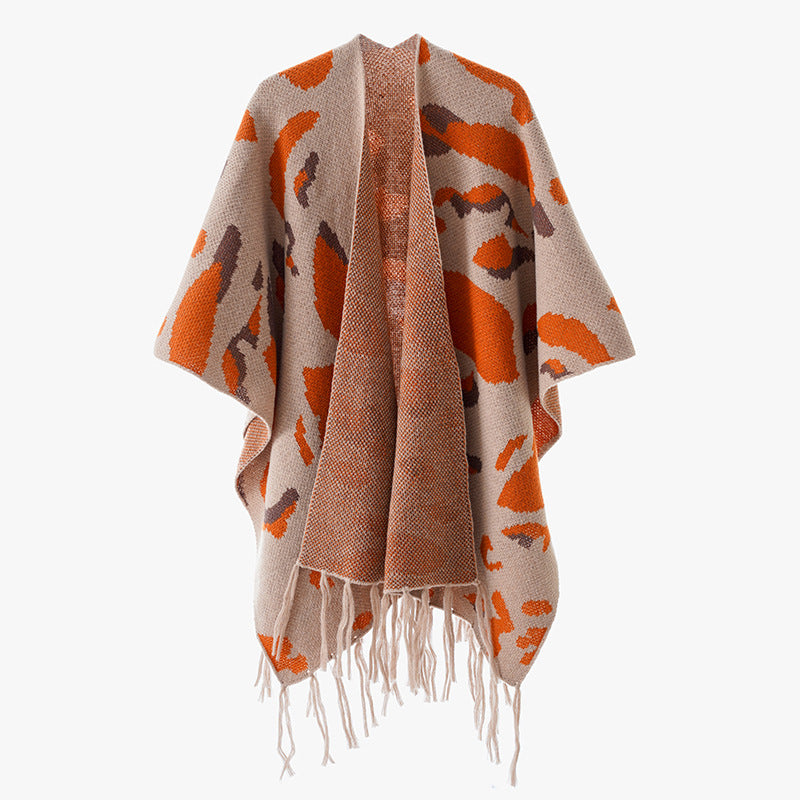Women's Oversize Knit Poncho with Animal Jacquard and Fringe Hem Mune Fashion