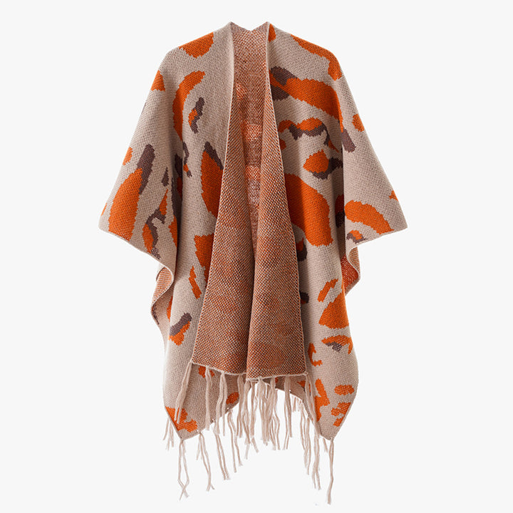Women's Oversize Knit Poncho with Animal Jacquard and Fringe Hem Mune Fashion