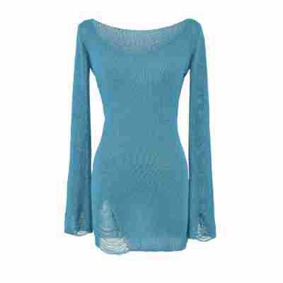 Women's fine knit tunic with bateau neckline, figure-hugging and bell sleeves Mune Fashion